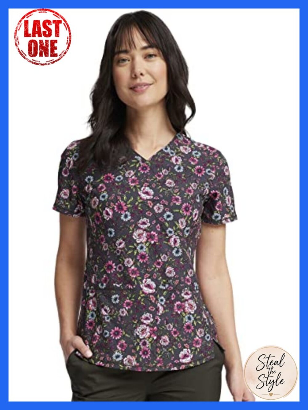 V-Neck Print Scrub Top with Patch Pockets